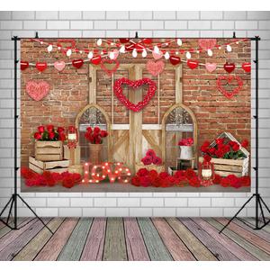 Lofaris Valentine's Day Party Backdrop for Photography Rustic Wood Door Brick Wall Red Heart Mother's Day Background Birthday Baby Shower Portrait Photo Booth Props 9x6ft