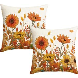 AVOIN colorlife Fall Pumpkin Sunflowers Throw Pillow Cover, 18 x 18 Inch Seasonal Autumn Thanksgiving Harvest Decoration for Home Sofa Couch Set of 2 (Orange)