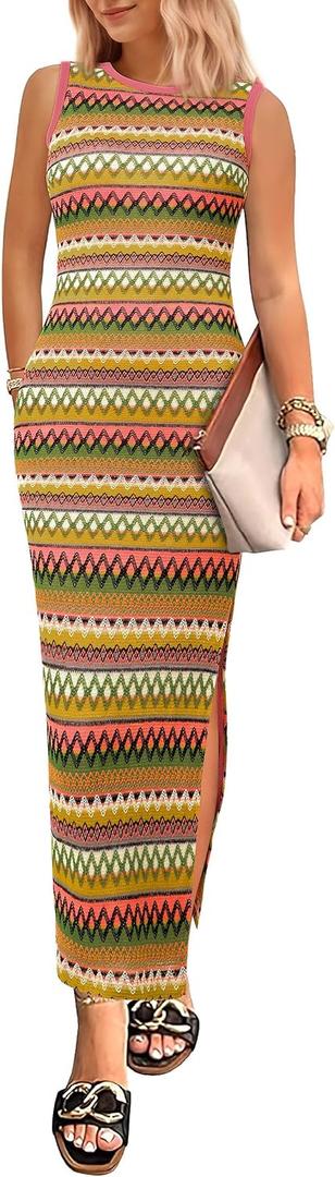 PRETTYGARDEN Womens Maxi Tank Spring Dress Sleeveless Crew Neck Striped Side Slit Casual Long Bodycon Dresses (XXL)