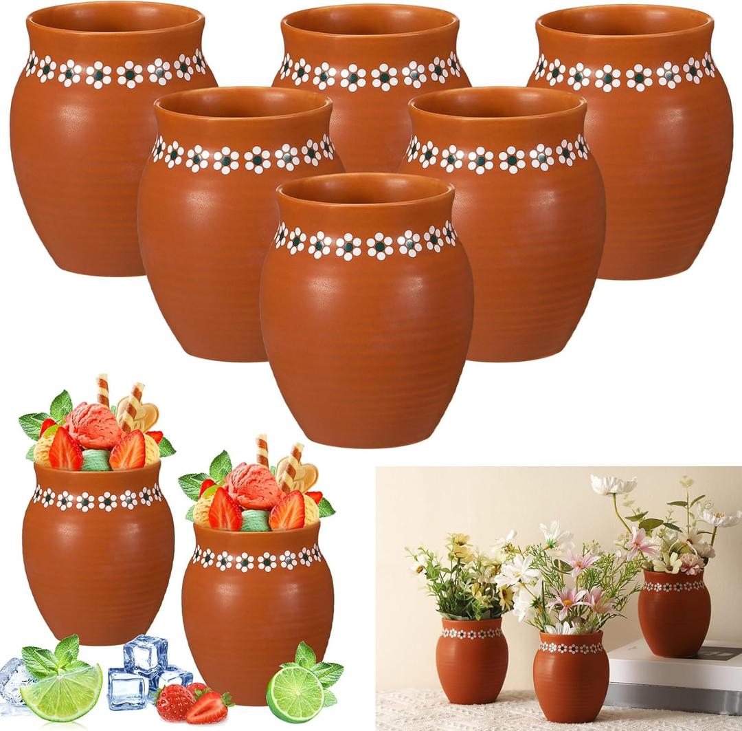 6 Pcs 16oz Cantaritos De Barro Mexicanos Terracotta Vases Sets Mexican Ceramic Vases with Flower Print Clay Margarita Glasses for Mexican Wedding Table Decorations Fiesta Centerpieces