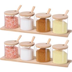 Zubebe 8 Pcs 10 oz Clear Glass Seasoning Jar with Wooden Lid and Spoon Adorable Sugar Condiment Jar Canisters Pot Set Bath Salt Sugar Storage Container Box for Home Cafe Kitchen
