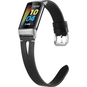 Wearlizer Compatible with Fitbit Charge 6/Charge 5 Bands - Slim Leather Watch Band Replacement Strap Accessories for Women & Men, Black