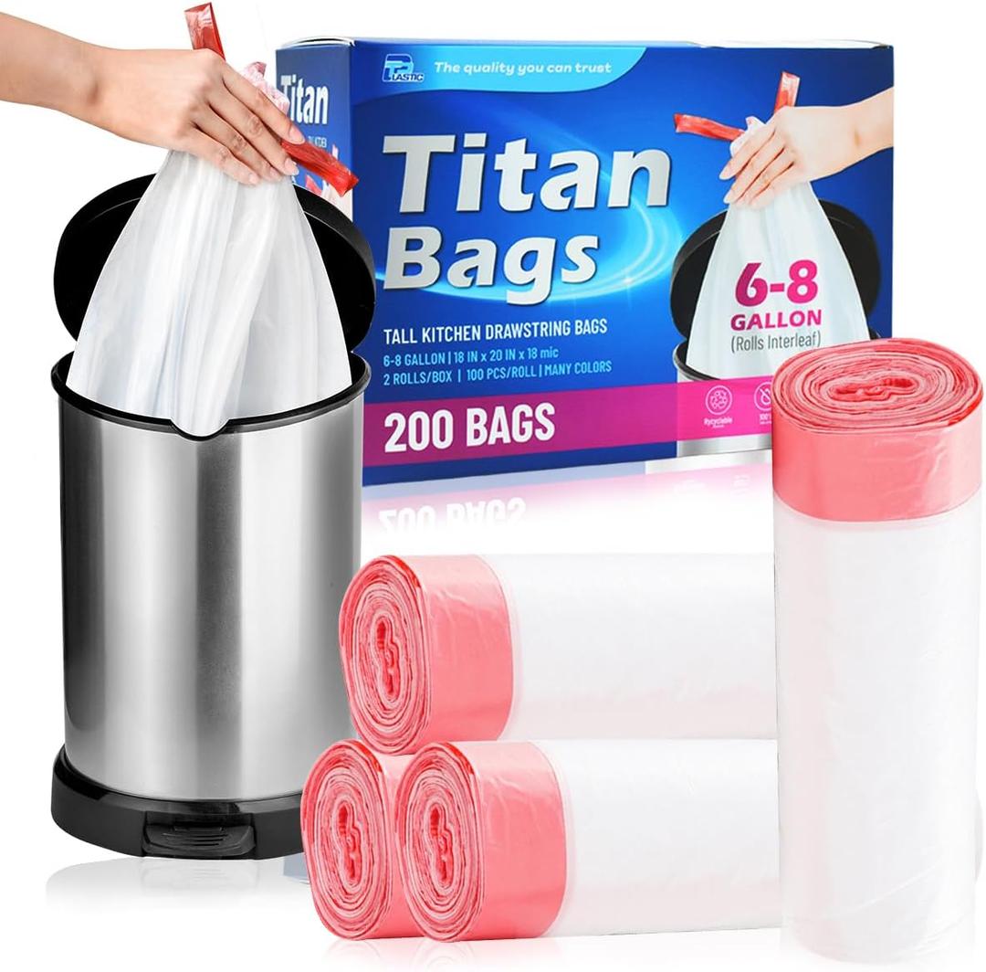 6 Gallon White Drawstring Trash Bags, 2 Rolls