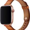 OUHENG Slim Bands Compatible with Apple Watch Band 42mm 41mm 40mm 38mm, Women Genuine Leather Replacement Thin Strap for iWatch SE2 SE Series 10 9 8 7 6 5 4 3 2 1 (Brown/Rose Gold)