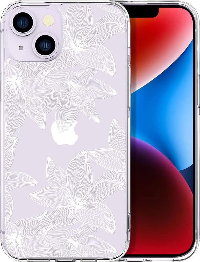 Compatible with iPhone 14 Plus Case Flower Floral for Women Girls Girly Cute Designer Phone Protector Clear with Design Transparent, Flower Floral White