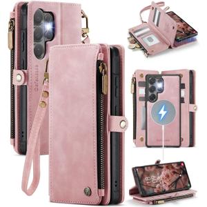 Defencase for Samsung Galaxy S26 Ultra Magnetic Wallet Case Compatible with Magsafe with RFID Blocking Zipper & Card Holder Women, PU Leather Detachable Phone Case for Galaxy S26 Ultra 6.9", Rose Pink