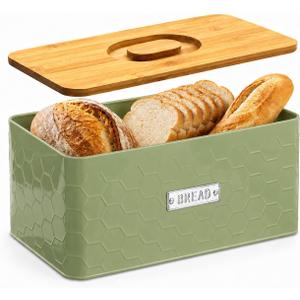 vensovo Bread Box for Countertop – Large Green Metal Bread Bin with Bamboo Cutting Board Lid, Farmhouse Bread Storage Container for Homemade Bread, Baked Goods & Kitchen Counter Organization