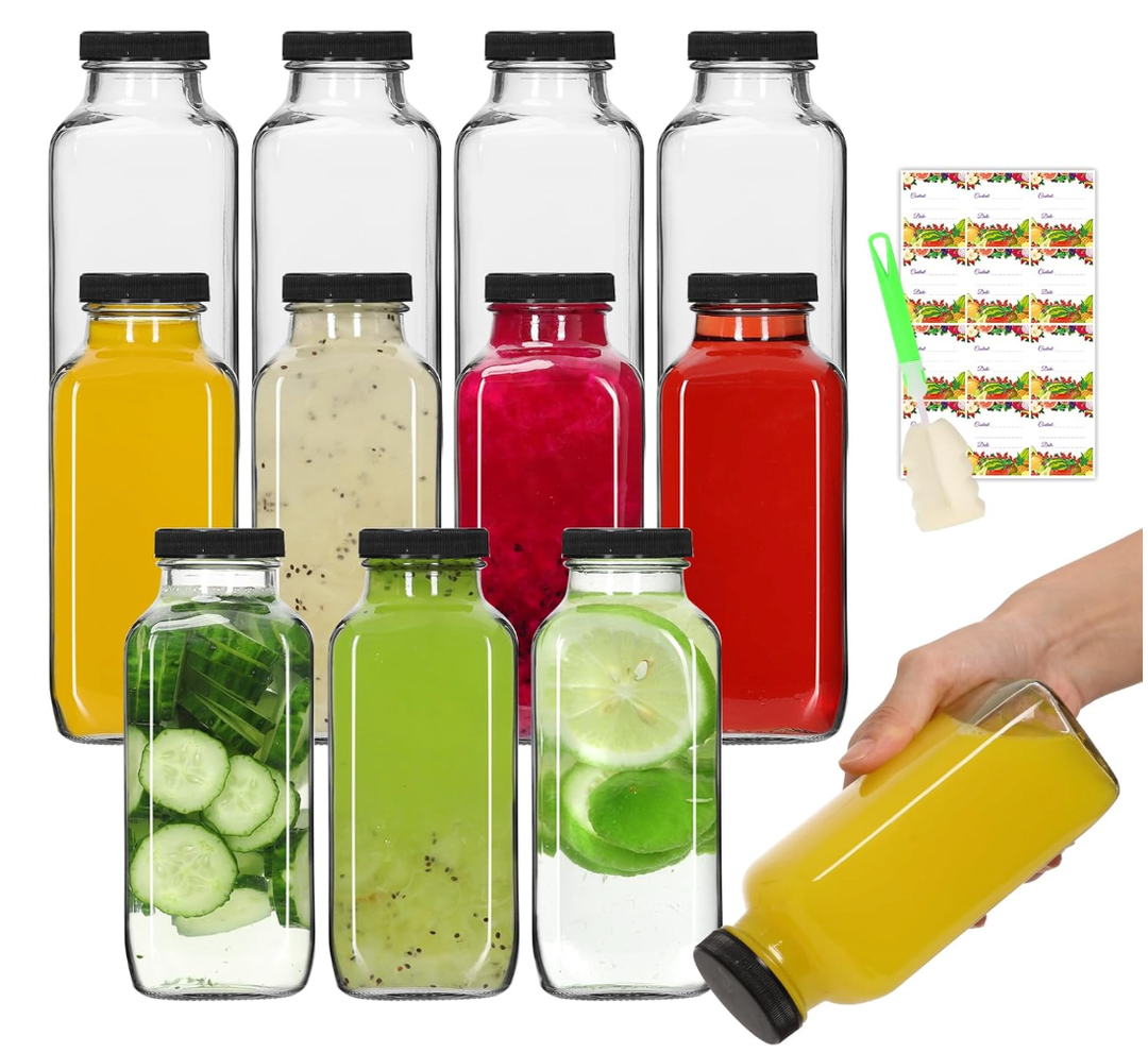 12oz Glass Bottles with Lids 12-Pack for Juicing & Milk | 360ml Portable Glass Juice Bottles, Reusable & Leakproof, for Morning Juice, Office Coffee & Kombucha