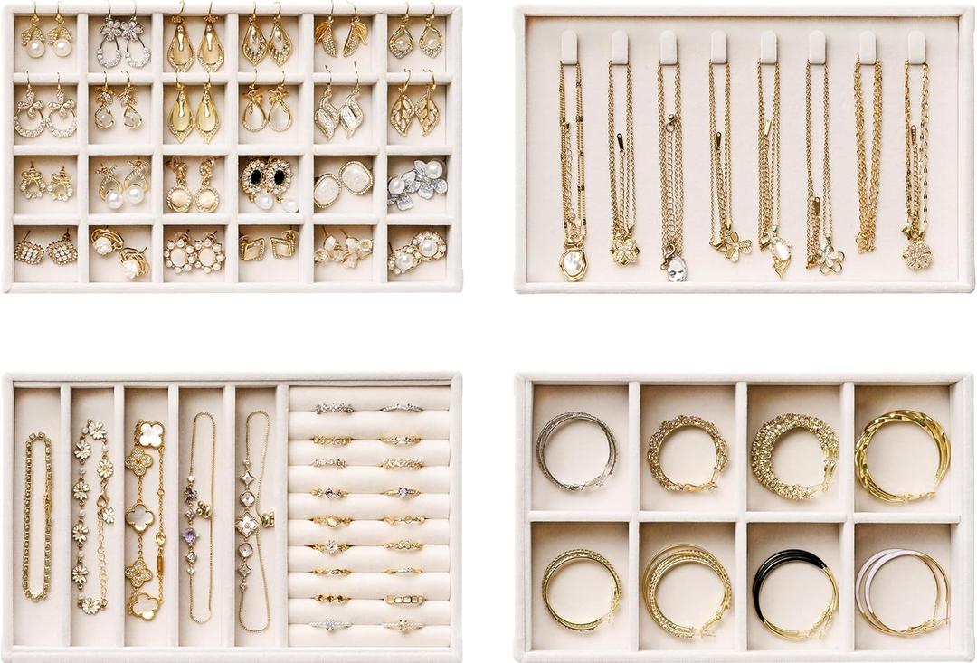 Velvet Jewelry Drawer Organizer Trays 4-Layer Stackable Jewelry Storage Inserts Set, Beige Jewelry Tray Set for Earrings, Rings, Necklaces, Bracelets with Removable Dividers for Dresser & Vanity