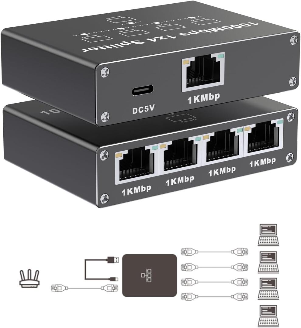 Gigabit Ethernet Splitter 1 to 4, Aluminium LAN Splitter 1000Mbps RJ45 Ethernet Switch Network Splitter with USB C Power Cable for Cat5/5e/6/7/8 (Gigabit Ethernet Splitter 1 to 4)