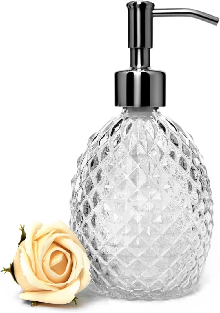 Glass Soap Dispenser with Stainless Steel Pump, 12oz Clear Dish Soap/Hand Soap/Laundry Soap/Lotion Dispenser, Refillable Liquid Dispenser for Bathroom Kitchen Shower (Transparent)