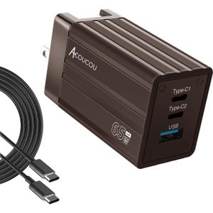 USB C Fast Charging Block65W GaN Fast Charger 3-PortAcoucou Adapter Type C Wall Chargers with Cable, for iPhone 17,16,15, iPad, MacBook, Galaxy S25, S24, S23, Tablet (Bronze)