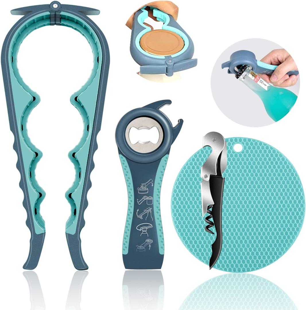 Jar Opener for Weak Hands, Seniors with Arthritis, 5 in 1 Multi Function Bottle Opener Lid Opener For Arthritic Hands with Non Slip Rubber Jar opener Gripper Pad and Corkscrew Wine Opener (BLUE)