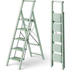 HillhutApex 5 Step Foldable Aluminum Step Ladder with Handgrip, Anti-Slip Pedal, 330 lbs Capacity, Lightweight & Portable for Home, Kitchen, Office, Garage (Pale Green)