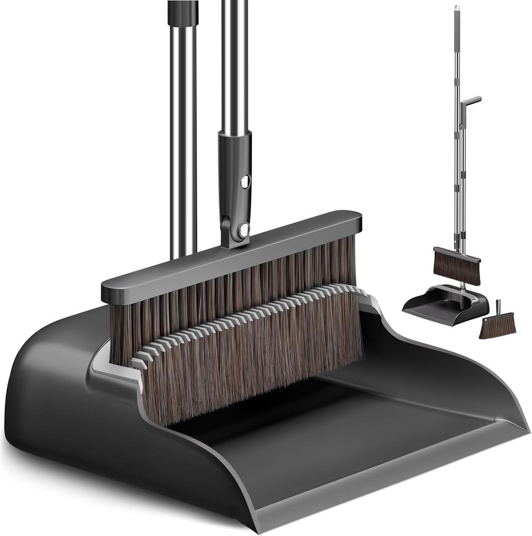 CTIME Broom and Dustpan Set, Extra Brush Head & 51.6" Adjustable Long Handle Standing Dustpan Set, with Dust Pan Teeth to Clean Pet Hair, Easy Sweeping Suitable for Home Kitchen Office Lobby