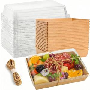 50 Pack 8x6 Inches Large Charcuterie Boxes with Clear Lids - Individual To Go Paper Mini Charcuterie Boards with Lid, Disposable Food Containers for Desserts, Cookie, Charcuterie Accessories (Brown)