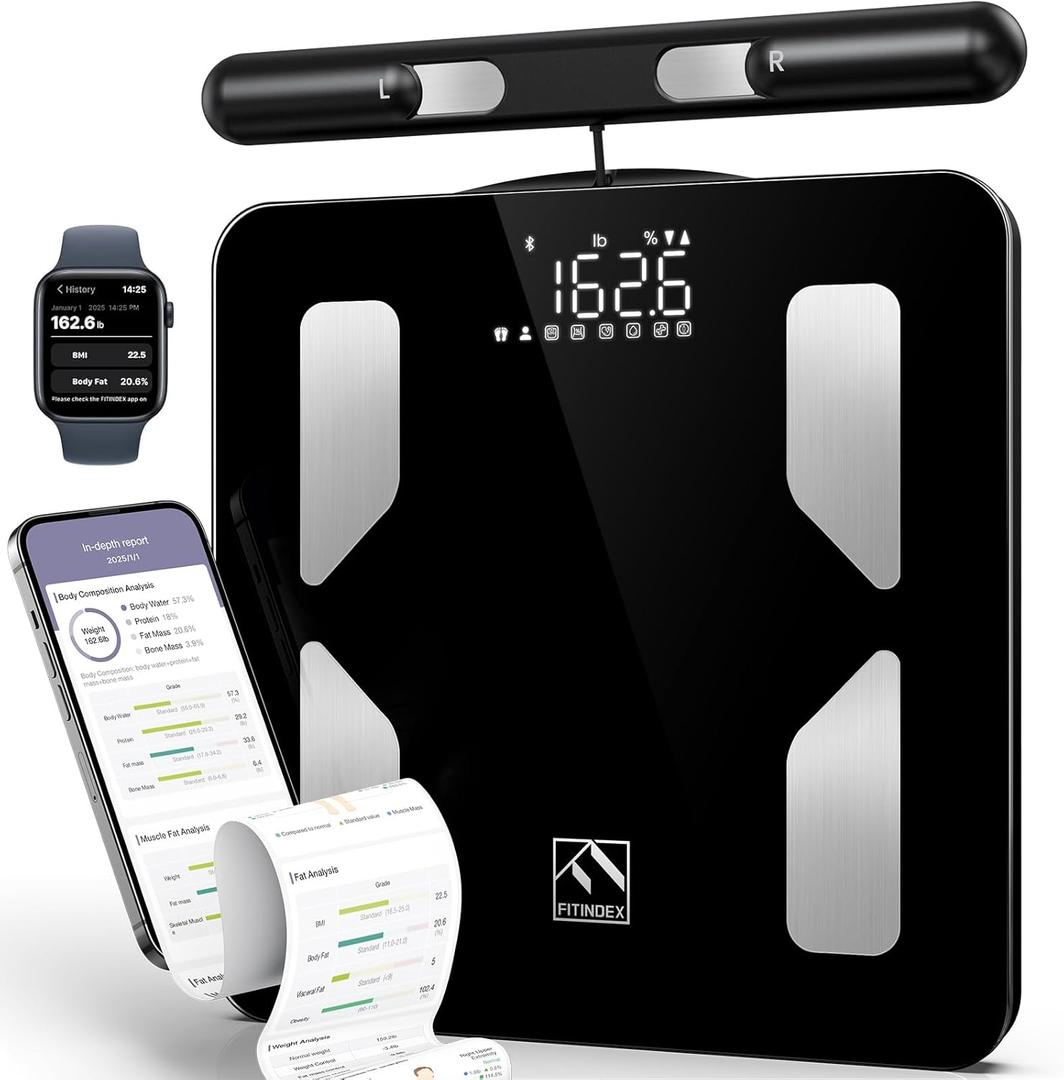 FITINDEX Body Composition Scale for Body Weight, Smart Scales with BMI, Body Fat, Muscle Mass, 8-Electrodes, 50 Composition Measurements, Bathroom, Digital, Bluetooth, FSA or HSA Eligible