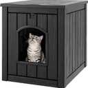 Cat Litter Box Enclosure, Plastic Hidden Litter Box Side Table with Openable Front Door, Waterproof & Weatherproof Cat Box Enclosure Cabinet for Indoor & Outdoor Use (Black)