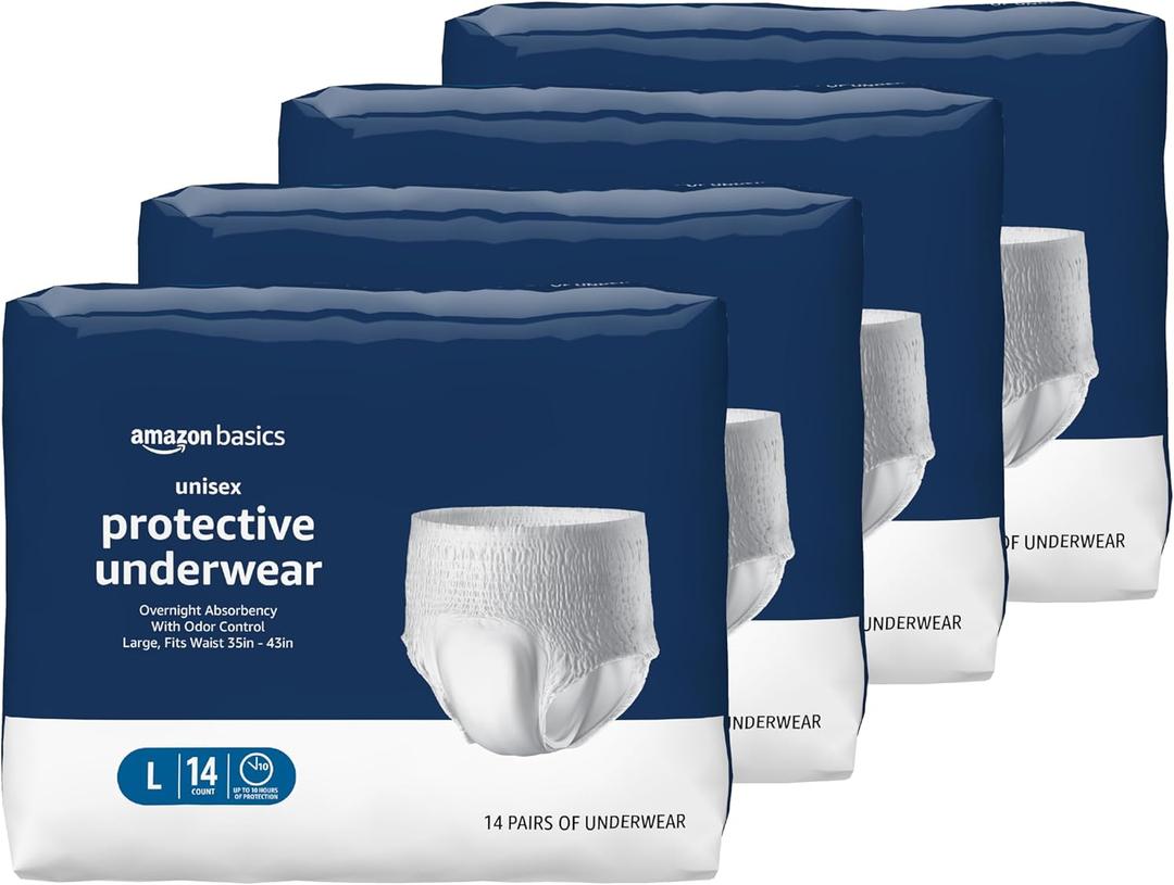 Amazon Basics Unisex Protective Underwear with Odor Control, Overnight Absorbency, Large, 56 Count (4 Packs of 14)