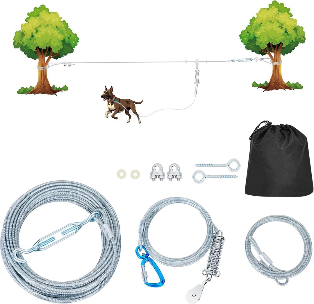 75ft Dog Runner for Yard Large Dog Heavy Duty with Double Shock Absorbers Tangle-Free Aerial Trolley System for Large Dogs Up to 250lbs(Silver) (Sliver)