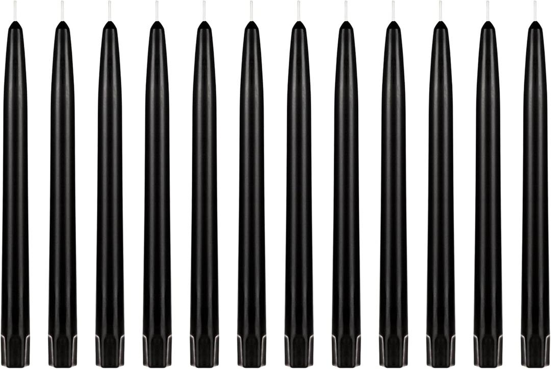 Mega Candles 12 pcs Unscented Self Fitting Black Taper Candles, Hand Poured Wax Candle 10 Inch x 7/8 Inch, Home Décor, Wedding Receptions, Centerpieces, Birthdays, Festivities, Romantic Dinners