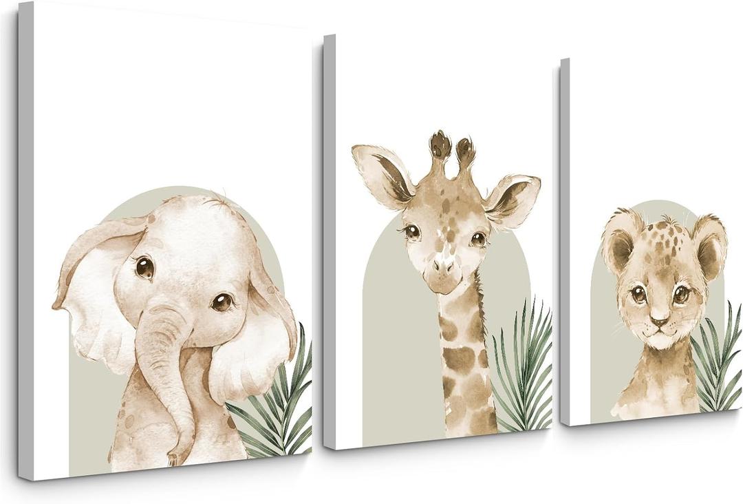 Animal Wall Art Pictures Baby Nursery Canvas Wall Art Decor Safari Animal Prints Jungle Kids Wall Art Woodland Nursery Wall Decor Giraffe Jungle Poster for Room 16x24 Inch Framed Set of 3, 16"x24" Wrapped Canvas