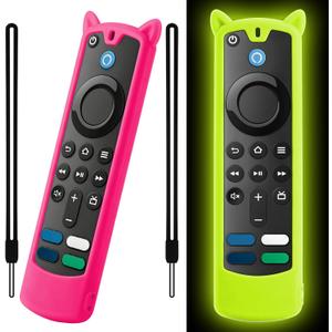 [2 Pack] Wevove Firestick Remote Cover Compatible with Alexa Voice Remote 4k/Lite (3rd Gen), Firesticktvs Remote Case with Wrist Strap, for Firetv Stick Cover Glow in The Dark (Glow Yellow&Rose Red)