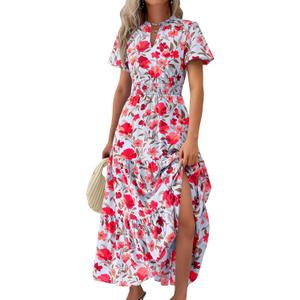 MASCOMODA Summer Maxi Dresses for Women 2025 Casual V Neck Puff Short Sleeve Smocked Flowy Beach Boho Long Floral Dress (Large, F-blue Red Flower)