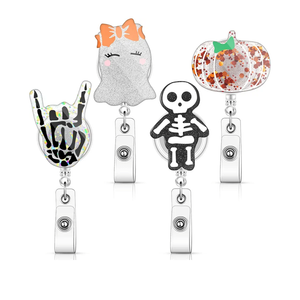 4 Pieces Halloween Retractable Badge Reel Acrylic Ghost Pumpkin Badge Holder Nurse ID Badge Holder with Alligator Clip Glitter Halloween Decorative Badge Reel for Student Teacher Doctor Nurse