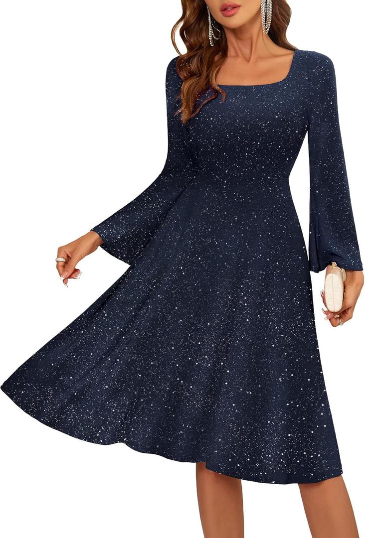BeryLove Prom Dress for Teens: Sequin Formal Party Dress with Flutter Short Sleeves for Wedding & Cocktail Evening Events (X-Small, Long Sleeve Darkblue)