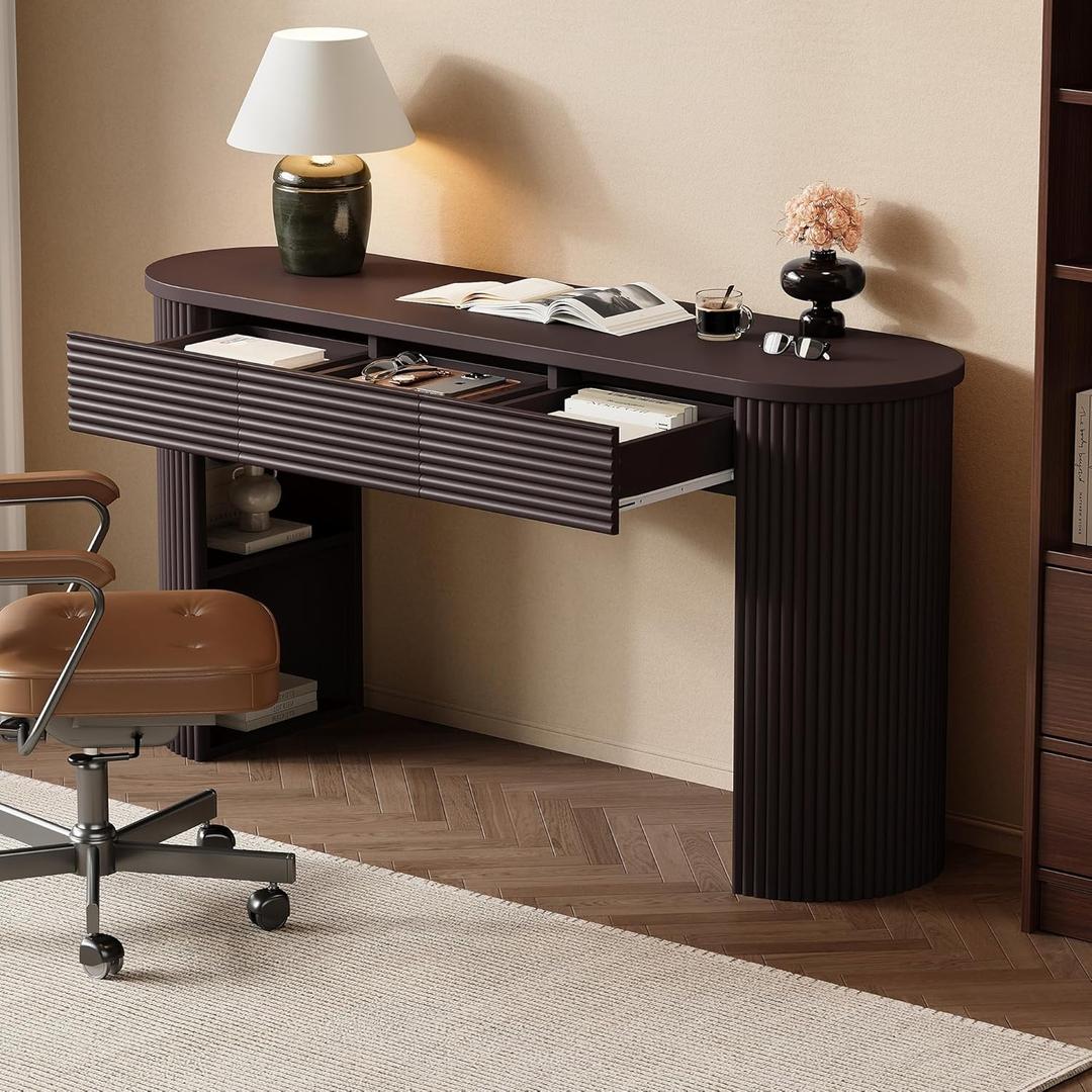 Merax Modern Retro Entryway Table, Rounded Console Table with3 Drawers and Open Hidden Storage for Living Room, Hallway and Office, Espresso