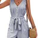 Sumtory Sleeveless Rompers for Women Summer Beach Romper Shorts Button Up V Neck Striped Linen Jumpsuit Navy S (S)