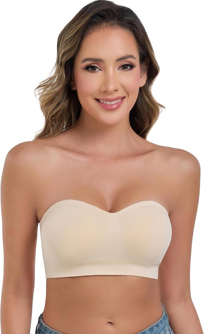 ANGOOL Strapless Bras for Women Wirefree Non-Slip Tube Top Invisible Bralette Seamless Padded Bandeau Bra, Beige, L