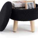 DUMOS Round Storage Ottoman with Reversible Tray Lid, Multi-Functional Footrest, Teddy Velvet Footstool with Wood Legs, Small Coffee Table for Living Room, Bedroom, Black, 13"D x 13"W x 11.8"H