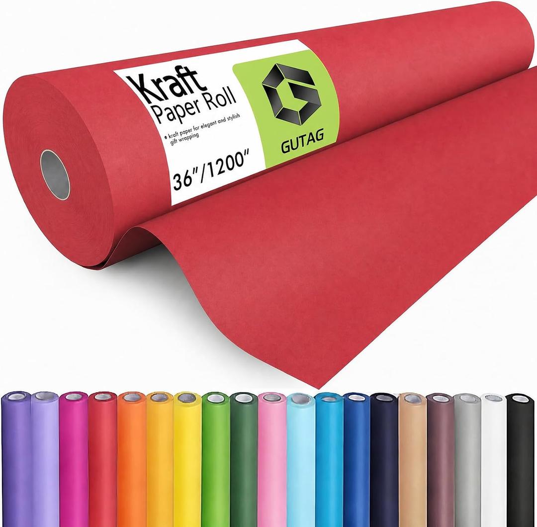 GUTAG 36" x 1200" (100') Kraft Paper Roll for Craft Bulletin Board Paper Art Table Covering Crafting Gift Wrapping Bouquet Packing Parcel 70GSM 50LB (Red, 36x1200)