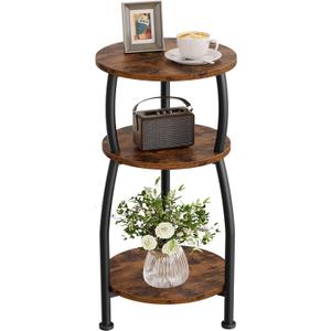 Small Round Side Table, 3-Tier End Table with Storage Shelf, Slim Coffee Table for Small Spaces, Industrial Sofa Table for Narrow Gaps in Living Room & Bedroom, Rustic Brown (11.8''dia)
