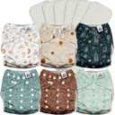 Mama Koala 3.0 Cloth Diapers for Babies with AWJ Lining, 6 Pack with 6 5-Layer Natural Cloth Diaper Inserts - Reusable and Washable Pocket Diapers(A-Seashore)