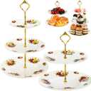 Cupcake Stand Set of 2, 3-Tier & 2-Tier Porcelain Dessert Stand with Vintage Floral Embossing, Elegant Tiered Serving Trays for Wedding, Birthday, Tea Party Display, White