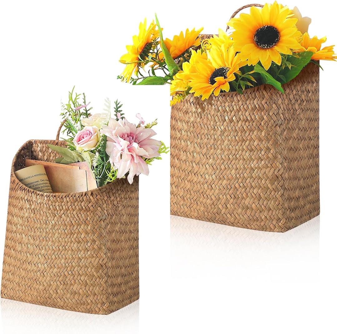 Boao 2 Pack Hanging Basket for Front Door Seagrass Wall Basket Hand Woven Different Sizes to Hold Flowers and Mail Wall Mounted Racks Storage Organize for Home Garden Farmhouse(Retro Color)