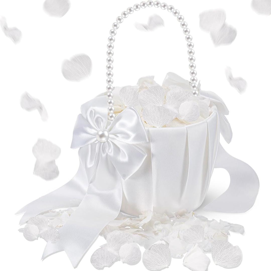 Jingmore 1 Set Wedding Flower Girl Basket and Real Petals Set Ivory Flower Girl Basket with Pearl Handle True Dried Hydrangea for Wedding Bridal Party Romantic Night Proposal Anniversary Decoration