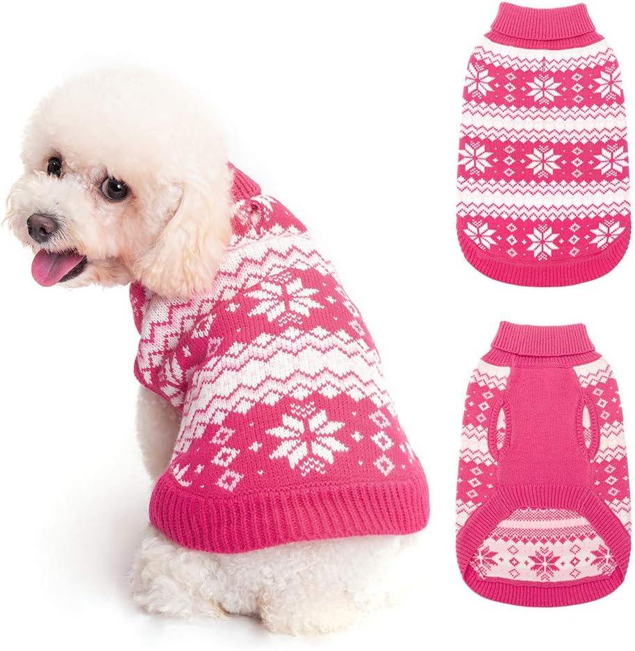 KOOLTAIL Cable Knit Dog Sweater Turtleneck, Cold Weather Pullover Classic Knitwear, Snowflake Pattern Thick Warm Winter Pet Clothes, Dog Christmas Sweater for Small Medium Large Dogs Girl, Pink S/M