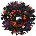 24" Glitter Halloween Wreath Outdoor - Sparkly Balls, Skulls, Bat, Skeleton, Pumpkin on Black Twig | Front Door Outside Goth Decor for Spooky Night