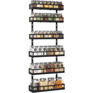 X-cosrack 6-Tier Wall-Mounted Spice Rack Organizer with Mixed Basket Sizes, Height-Adjustable Hanging Spice Shelf for Kitchen Pantry Cabinet, Large-Capacity Seasoning Holder, Black