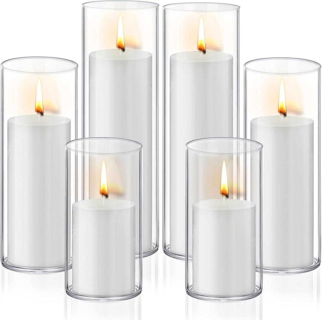 12 PCS White Pillar Candles with Glass Candle Holders Clear Hurricane Candle Holders Glass Cylinder Vases for Centerpieces Wedding Party, Event, Home Office (6 Candles+6 Candle Hoders)