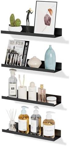 4 Pack Floating Shelves for Wall Storage, Metal Black Hanging Shelves for Living Room/Kitchen/Bedroom/Bathroom Decor, Set of 4 Organizer for Display, Book & Perfume Shelf Wall Mounted