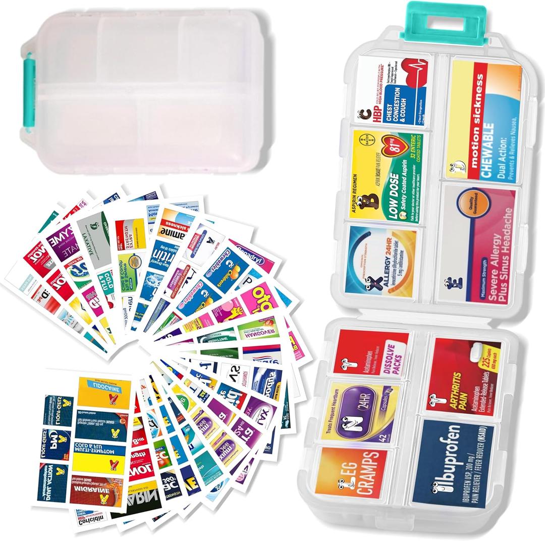 Pill Organizer With Medicine Labels - 7 Day Travel Daily Container, Mini Medication Storage Case, White With 161 Labels (Pill Box with Stickers)