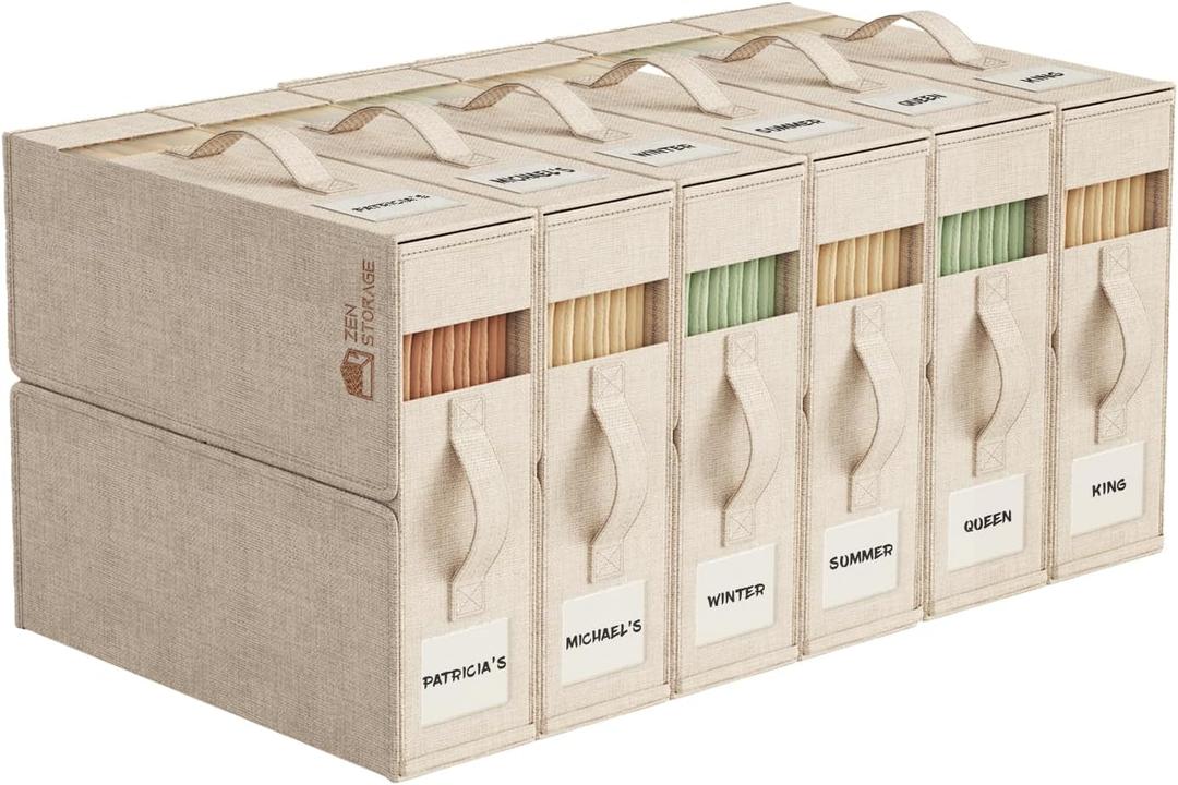 6Pack Sheet Organizers for Linen Closet - King/Queen Size Bedding Storage Boxes with Clear Window | Foldable, Dustproof Linen Organizer for Blankets & Sheet Sets,Beige