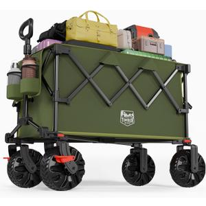 TIMBER RIDGE Outdoor Collapsible Folding Wagon with Brakes and Cup Holders, 500lbs Heavy Duty All Terrain Wheels Utility Cart for Shopping Camping Garden Sports, Green