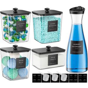 3+1+1 Pack Laundry Pods Container & Dryer Sheet Holder with Lid, 54OZ Liquid Soap Detergent Dispenser for Powder, Beads and Fabric Softener, Black Laundry Room Organization and Storage, 10 Labels