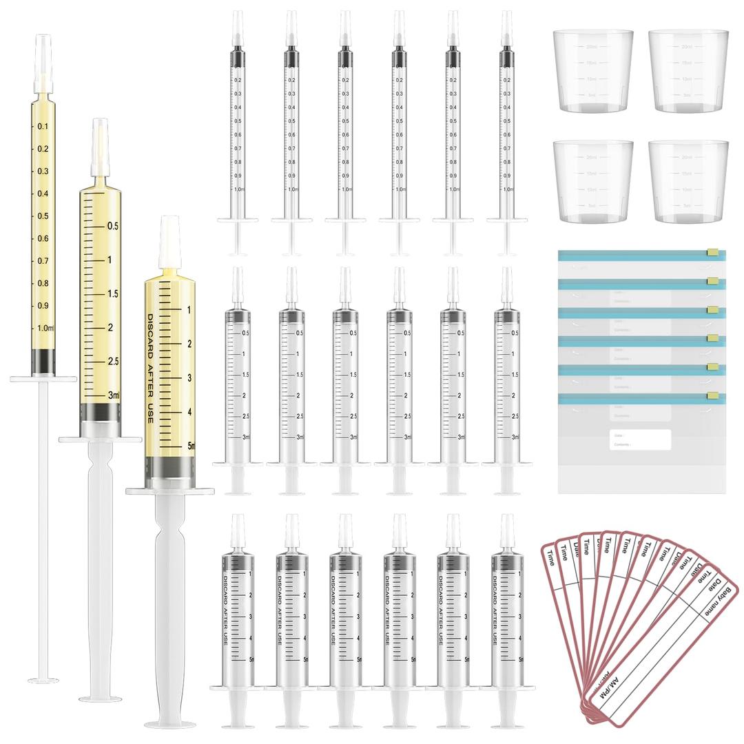 60 Sets 1/3/5Ml Colostrum Collector Kit Include 1/3/5ml*20 No Needle Sterile Syringes with Cap, 4 Measuring Cup, 6 Zip-lock Storage Bags, 60 Labels for Breast Milk Collector